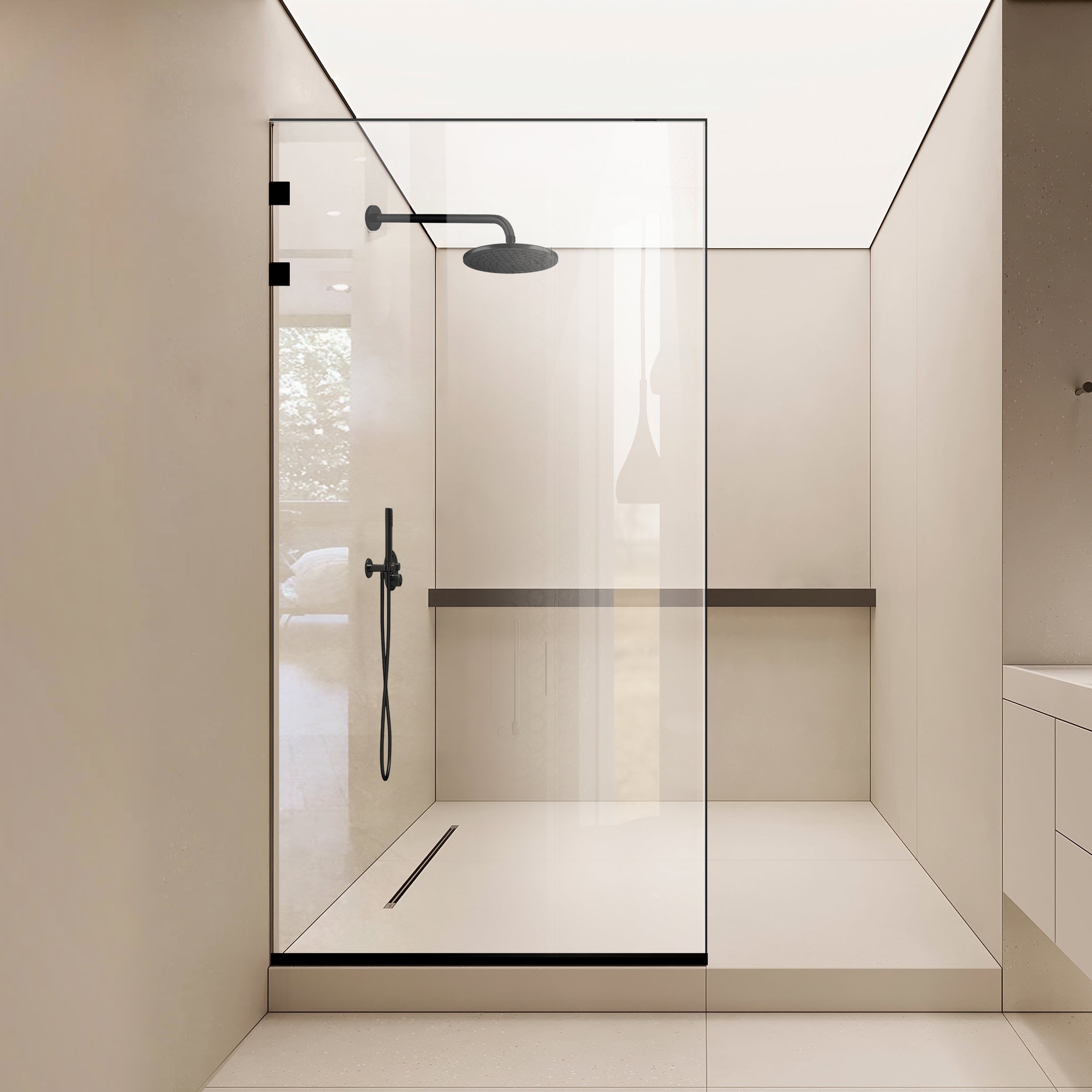 Paravan dus Walk-in, Perete dus Inox, negru mat, #Clara
